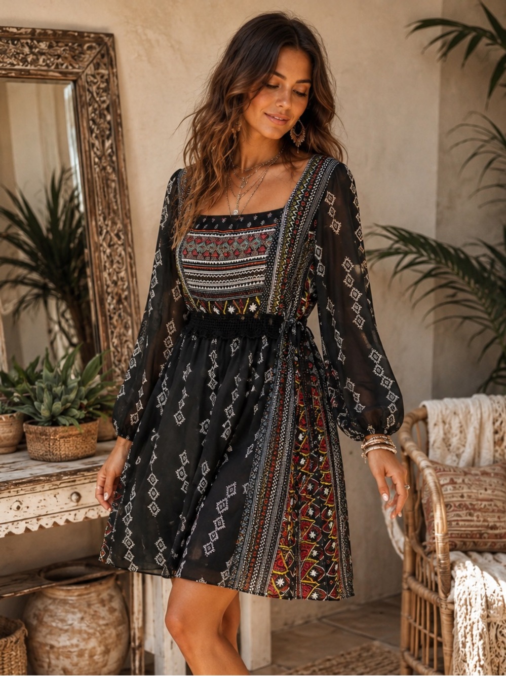 Sami & Jo Black Long-Sleeve Embroidered-Print Boho Dress